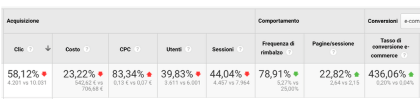 Rendimento singole campagne Google Ads ecommerce casalinghi